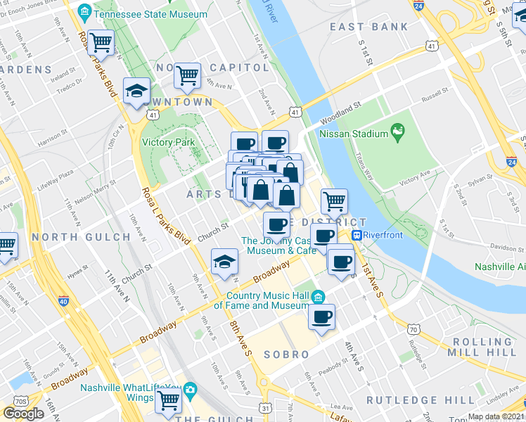map of restaurants, bars, coffee shops, grocery stores, and more near 208 Printers Alley in Nashville