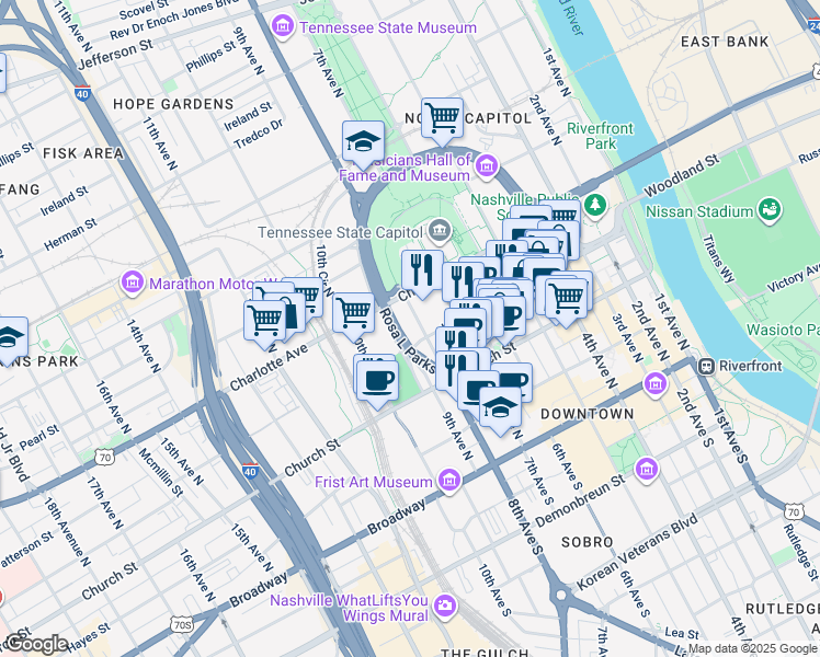 map of restaurants, bars, coffee shops, grocery stores, and more near 301 Rosa L Parks Avenue in Nashville