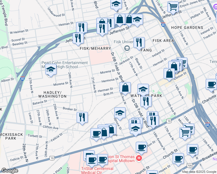 map of restaurants, bars, coffee shops, grocery stores, and more near 1823 Hermosa Street in Nashville