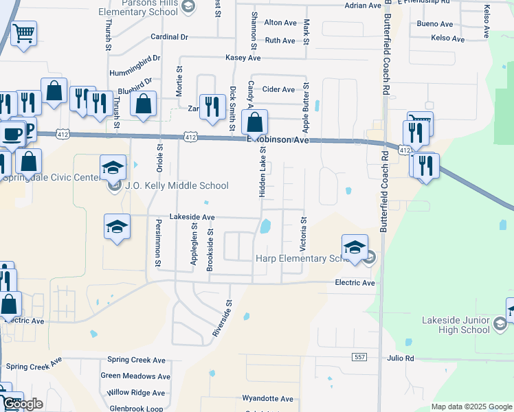 map of restaurants, bars, coffee shops, grocery stores, and more near 2324 Hidden Lake Street in Springdale