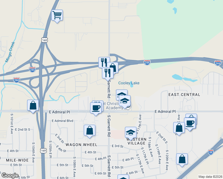 map of restaurants, bars, coffee shops, grocery stores, and more near 11220 East Archer Place in Tulsa