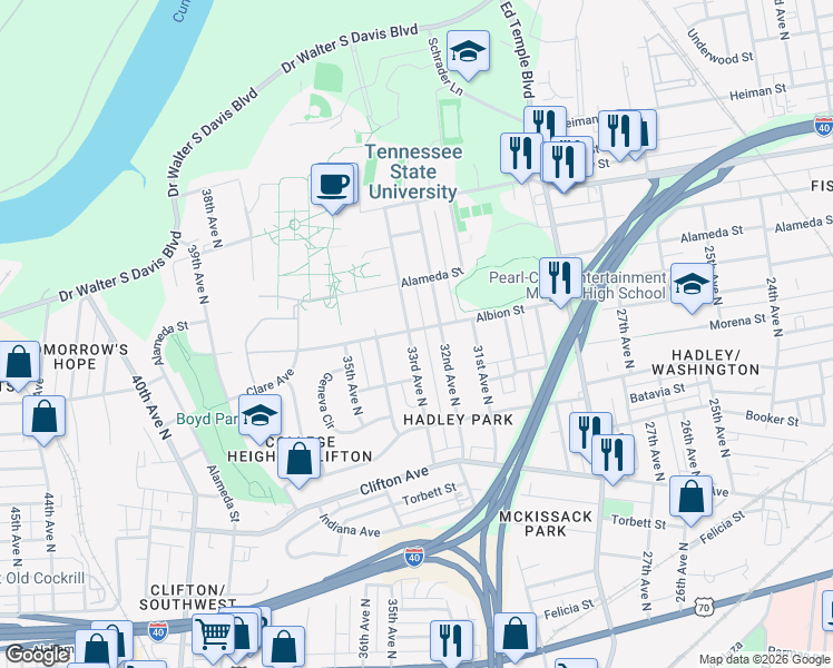 map of restaurants, bars, coffee shops, grocery stores, and more near in Nashville
