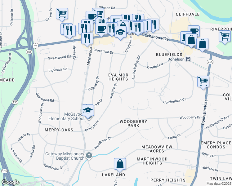 map of restaurants, bars, coffee shops, grocery stores, and more near 241B Graylynn Drive in Nashville