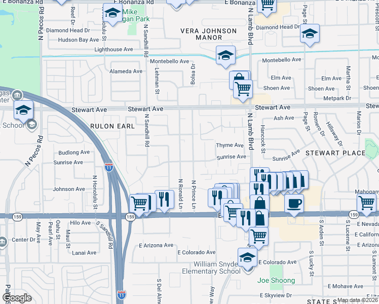 map of restaurants, bars, coffee shops, grocery stores, and more near 212 North Ronald Lane in Las Vegas