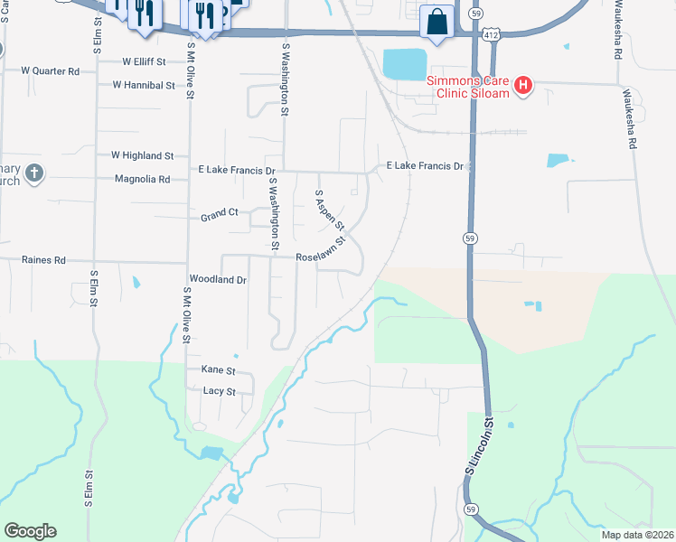 map of restaurants, bars, coffee shops, grocery stores, and more near Silver Leaf Lane in Siloam Springs