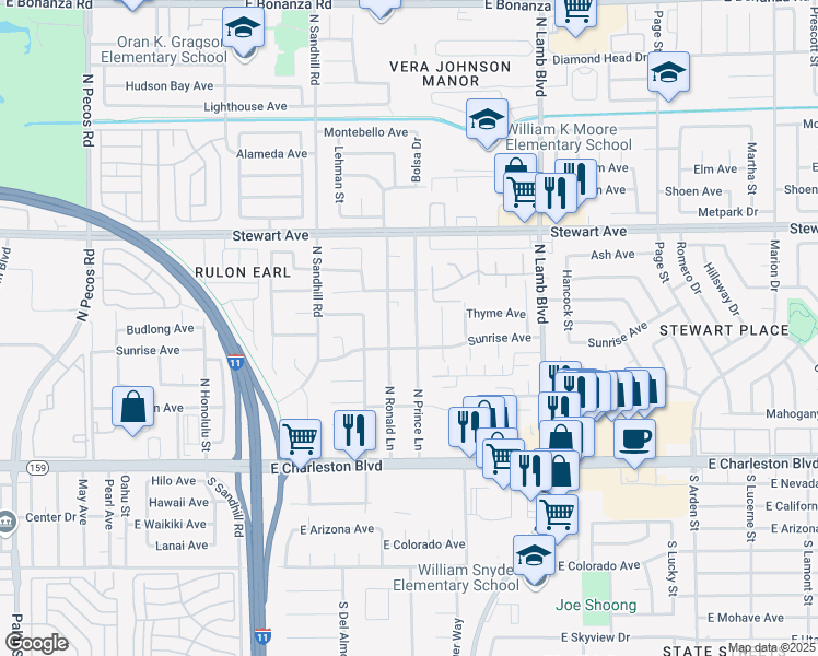 map of restaurants, bars, coffee shops, grocery stores, and more near 109 North Prince Lane in Las Vegas