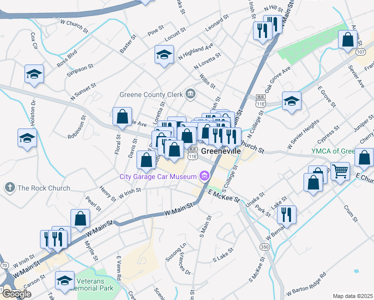 map of restaurants, bars, coffee shops, grocery stores, and more near in Greeneville