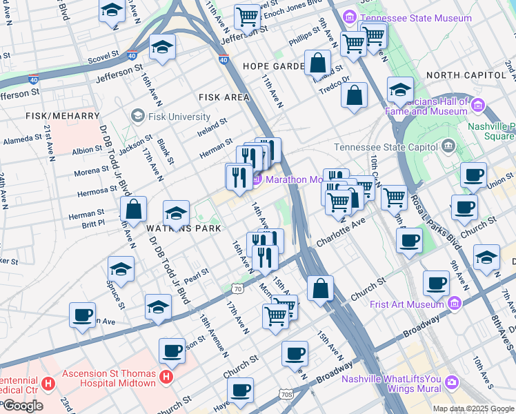 map of restaurants, bars, coffee shops, grocery stores, and more near 1310 Jo Johnston Avenue in Nashville