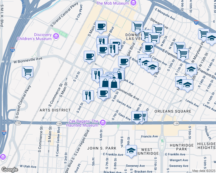 map of restaurants, bars, coffee shops, grocery stores, and more near 604 South Las Vegas Boulevard in Las Vegas