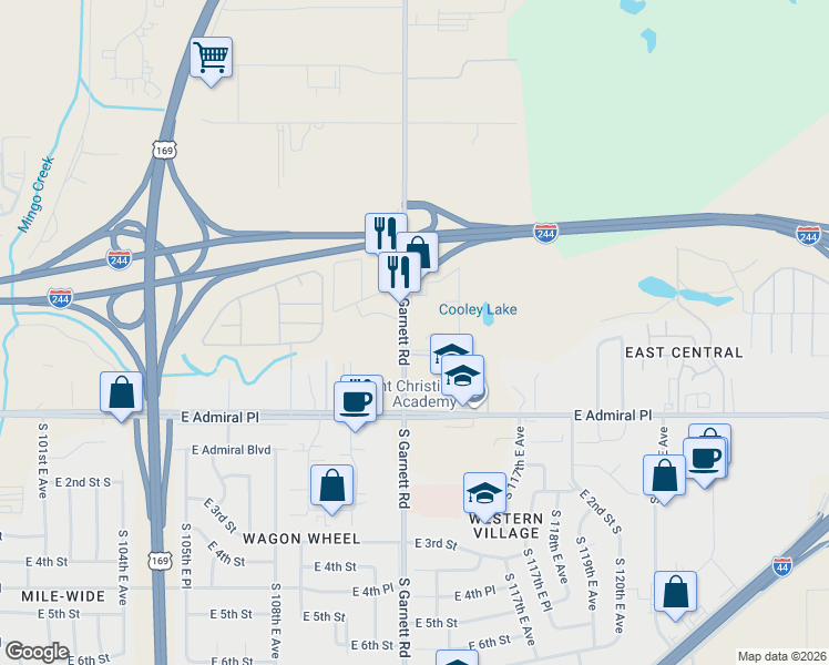 map of restaurants, bars, coffee shops, grocery stores, and more near 11220 East Archer Place in Tulsa