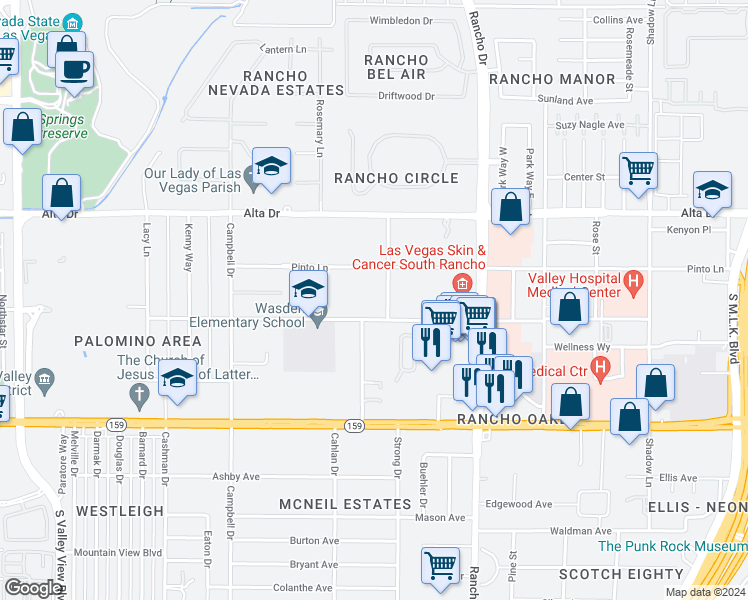map of restaurants, bars, coffee shops, grocery stores, and more near 642 Shetland Road in Las Vegas