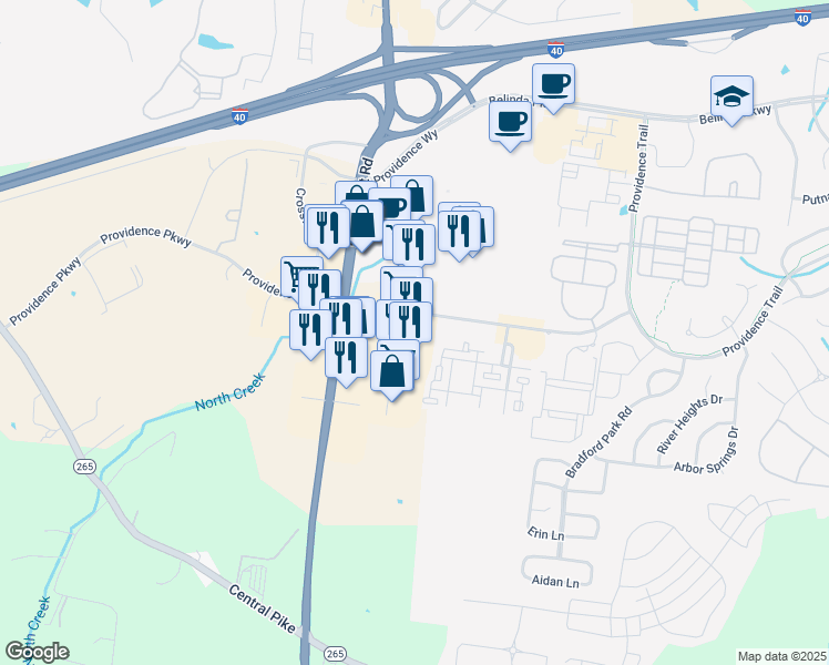 map of restaurants, bars, coffee shops, grocery stores, and more near 613 Providence Parkway in Lebanon