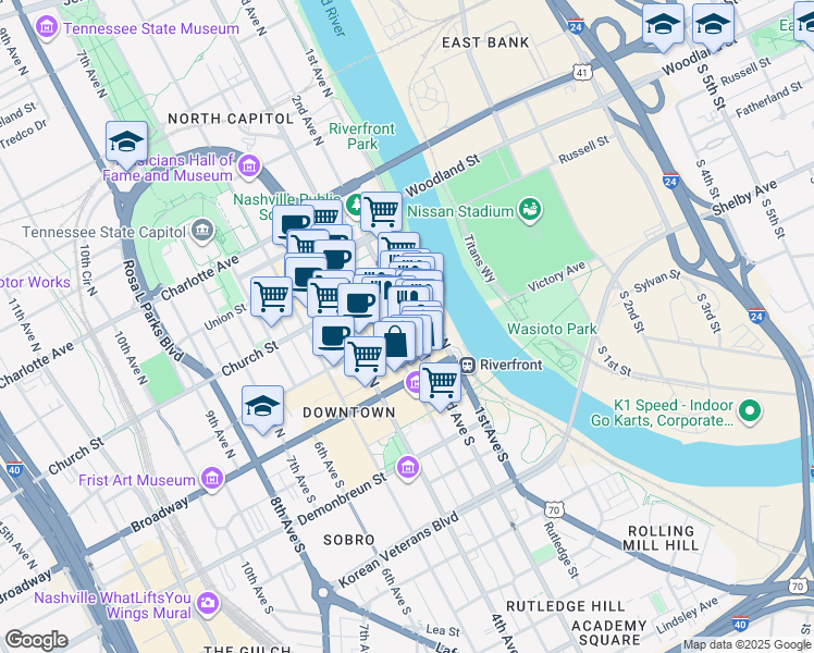 map of restaurants, bars, coffee shops, grocery stores, and more near 211 Commerce Street in Nashville