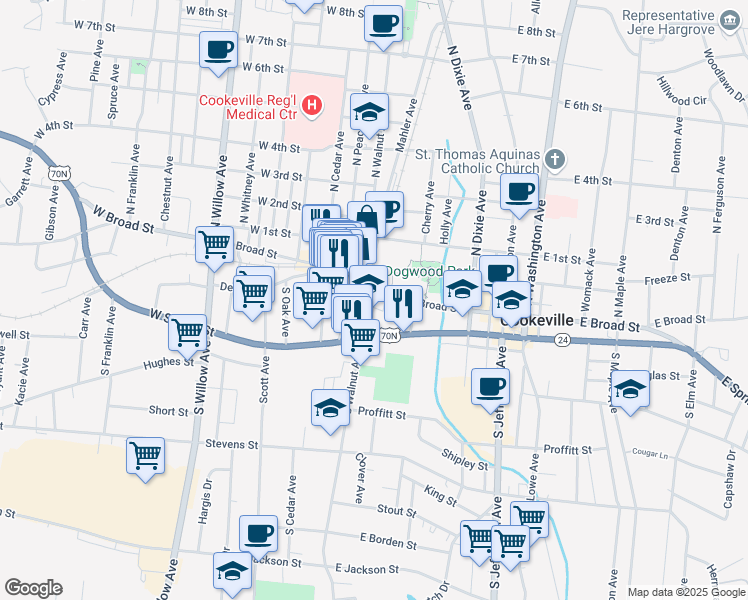 map of restaurants, bars, coffee shops, grocery stores, and more near 9 East Broad Street in Cookeville