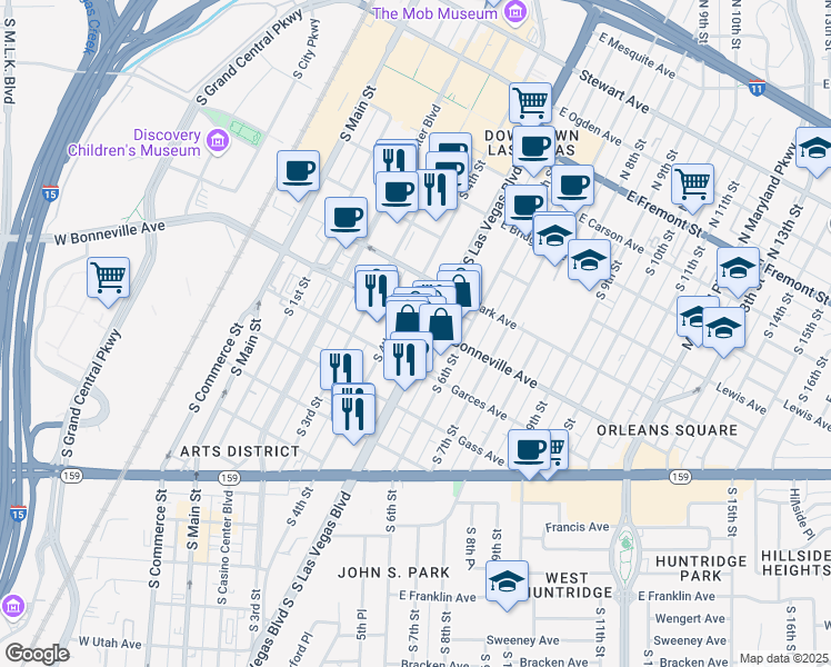 map of restaurants, bars, coffee shops, grocery stores, and more near 594 South Las Vegas Boulevard in Las Vegas