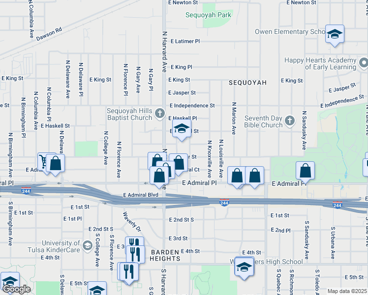map of restaurants, bars, coffee shops, grocery stores, and more near 3441 East Archer Street in Tulsa