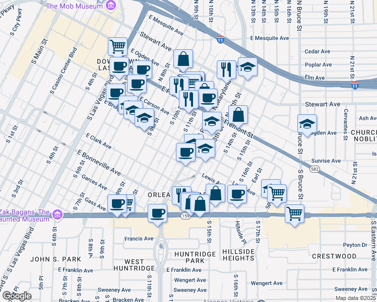 map of restaurants, bars, coffee shops, grocery stores, and more near 1200 East Bridger Avenue in Las Vegas