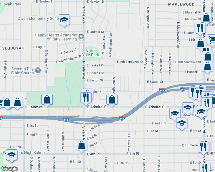 map of restaurants, bars, coffee shops, grocery stores, and more near 5127 East Cameron Street in Tulsa