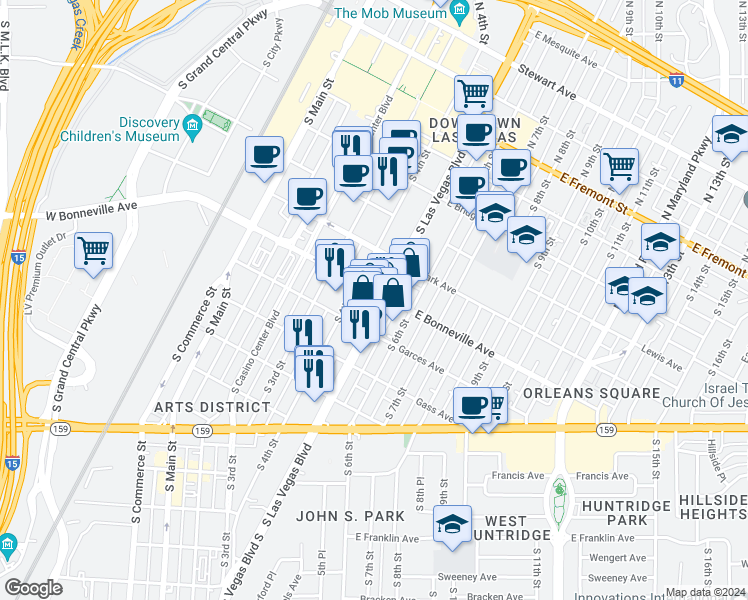 map of restaurants, bars, coffee shops, grocery stores, and more near 600 South Las Vegas Boulevard in Las Vegas