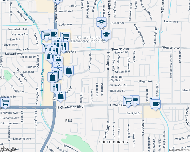 map of restaurants, bars, coffee shops, grocery stores, and more near 5361 South Sir Richard Drive in Las Vegas