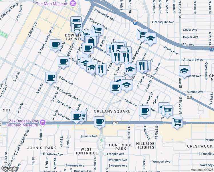 map of restaurants, bars, coffee shops, grocery stores, and more near 308 South 11th Street in Las Vegas