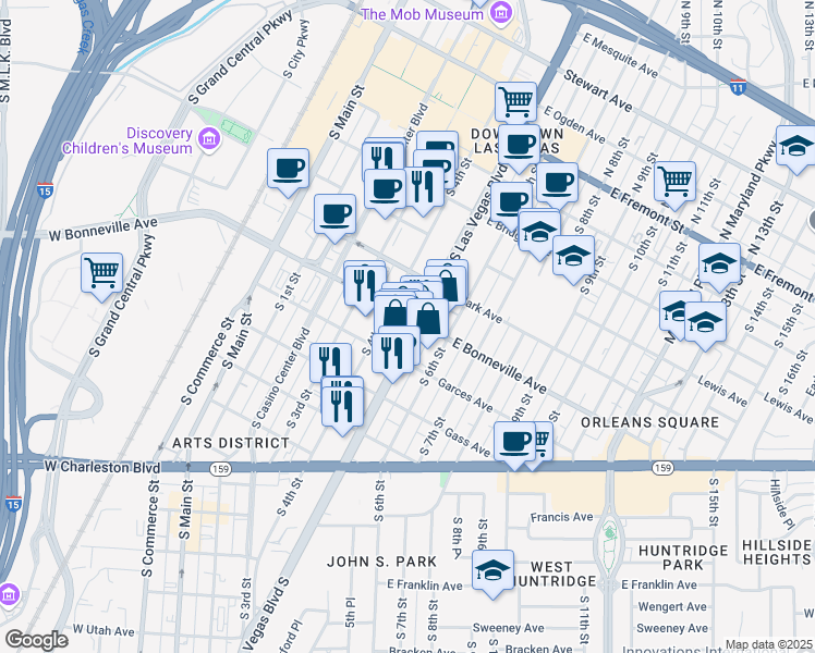 map of restaurants, bars, coffee shops, grocery stores, and more near 594 South Las Vegas Boulevard in Las Vegas