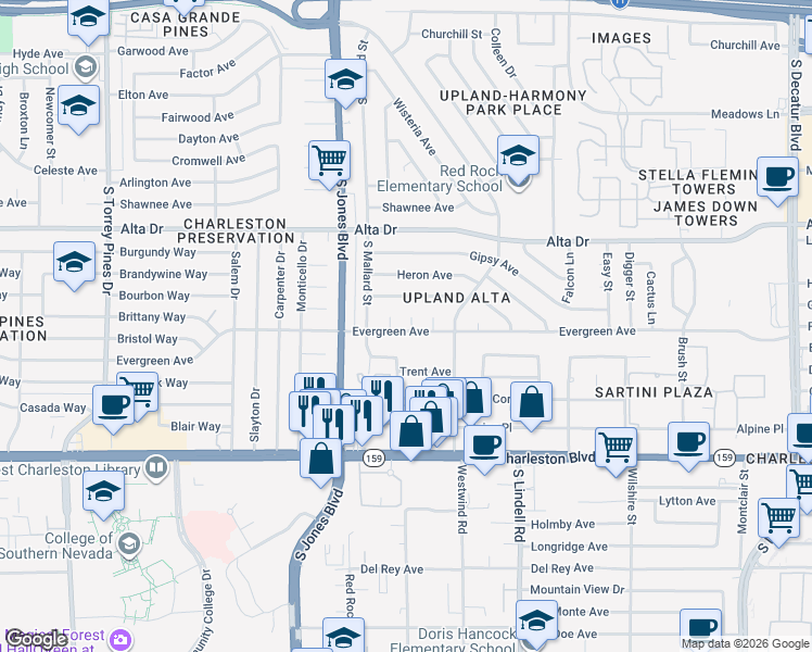 map of restaurants, bars, coffee shops, grocery stores, and more near 704 Pelican Circle in Las Vegas