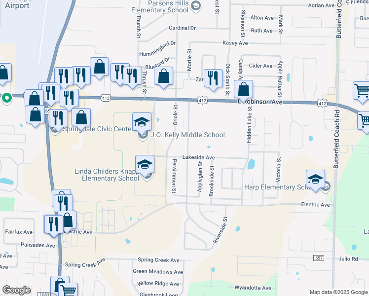 map of restaurants, bars, coffee shops, grocery stores, and more near 2321d Orchard Street in Springdale