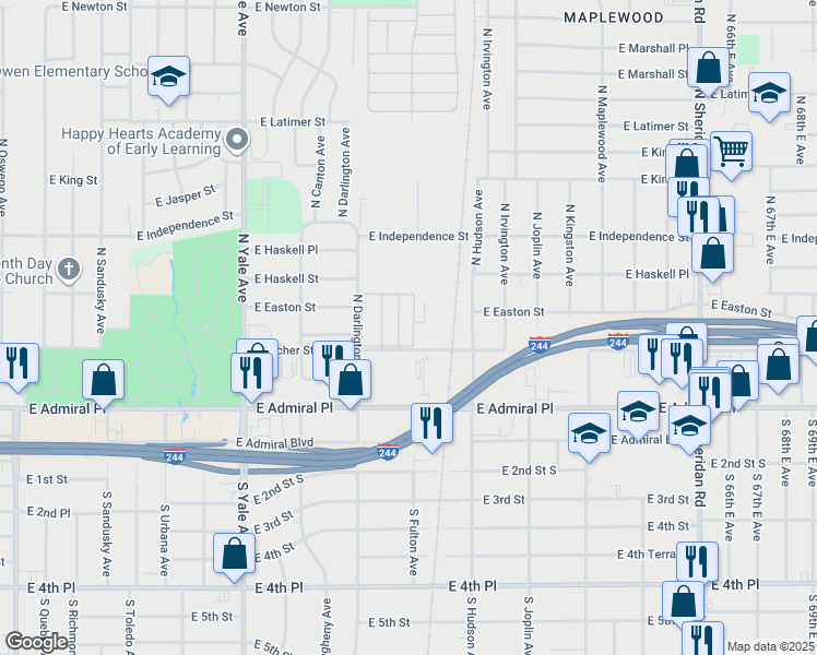 map of restaurants, bars, coffee shops, grocery stores, and more near 119 North Fulton Avenue in Tulsa