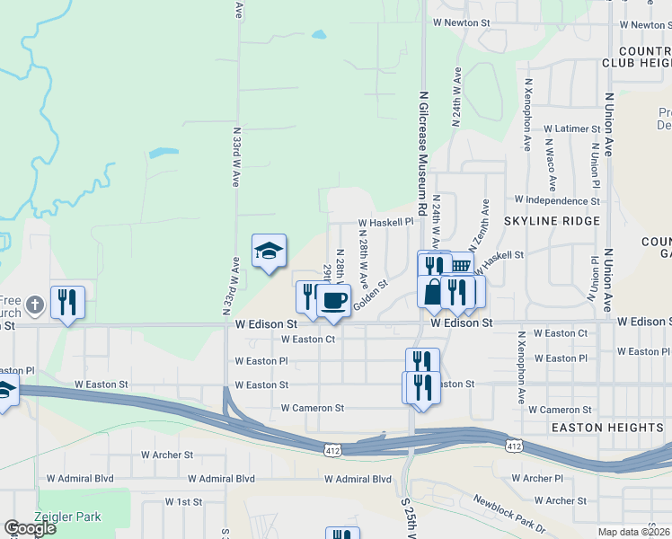 map of restaurants, bars, coffee shops, grocery stores, and more near 650 North 28th West Place in Tulsa