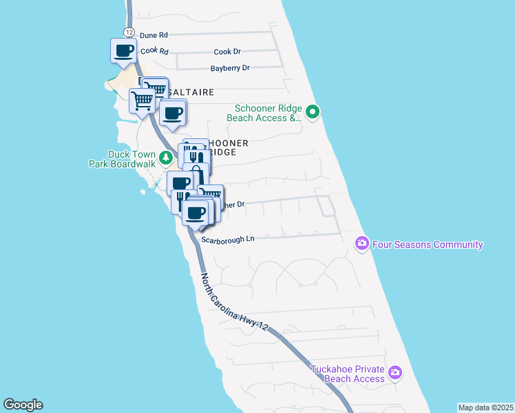 map of restaurants, bars, coffee shops, grocery stores, and more near 131 Betsy Court in Kitty Hawk