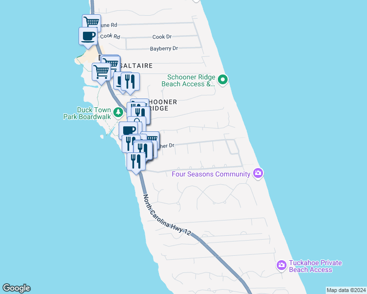 map of restaurants, bars, coffee shops, grocery stores, and more near 131 Betsy Court in Kitty Hawk