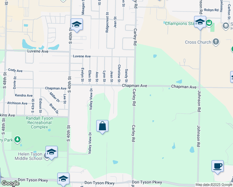 map of restaurants, bars, coffee shops, grocery stores, and more near 2499 Jean Street in Springdale
