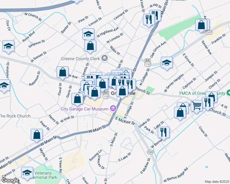 map of restaurants, bars, coffee shops, grocery stores, and more near in Greeneville