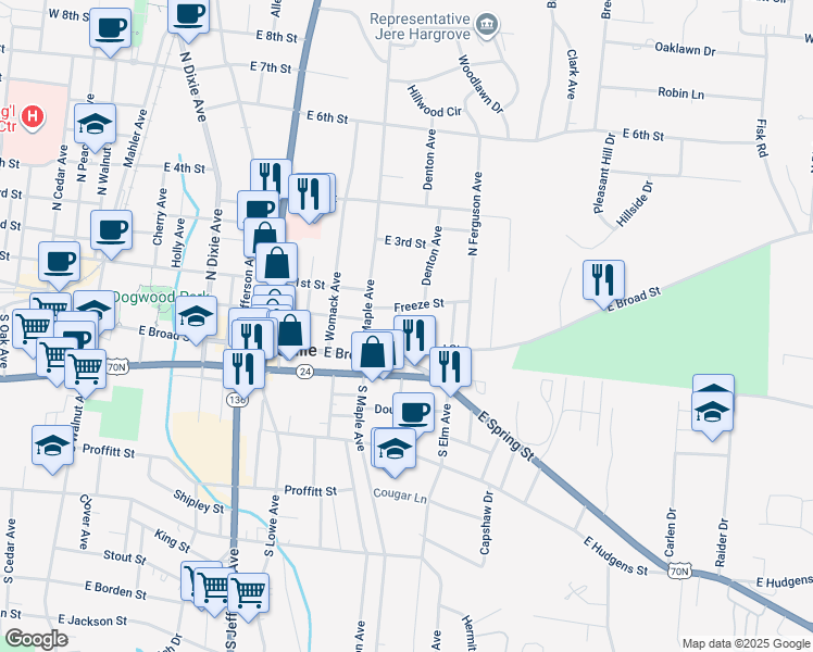 map of restaurants, bars, coffee shops, grocery stores, and more near 65 Denton Avenue in Cookeville