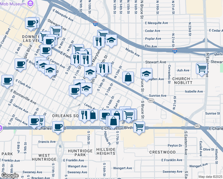 map of restaurants, bars, coffee shops, grocery stores, and more near 125 South 15th Street in Las Vegas
