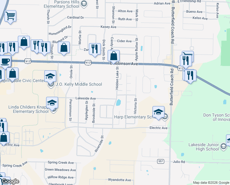 map of restaurants, bars, coffee shops, grocery stores, and more near 2324 Hidden Lake Street in Springdale