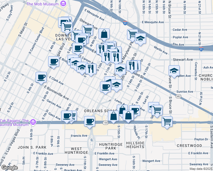 map of restaurants, bars, coffee shops, grocery stores, and more near 304 South Maryland Parkway in Las Vegas