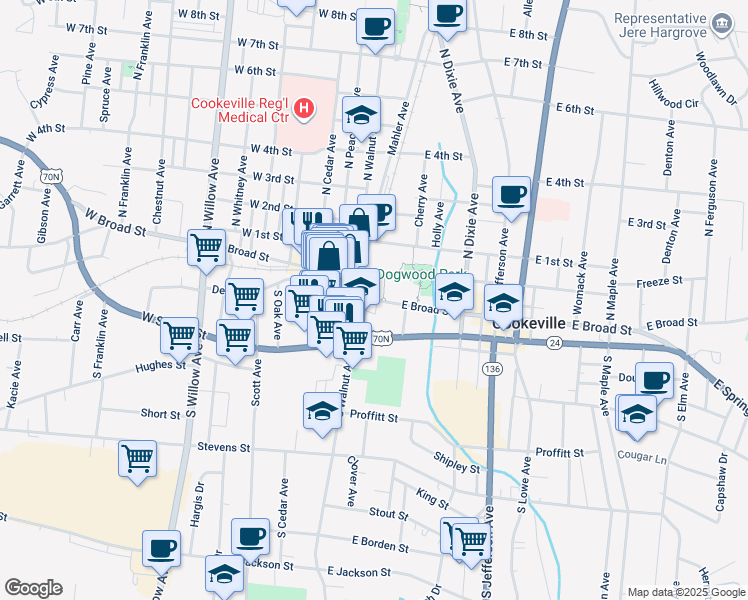 map of restaurants, bars, coffee shops, grocery stores, and more near in Cookeville