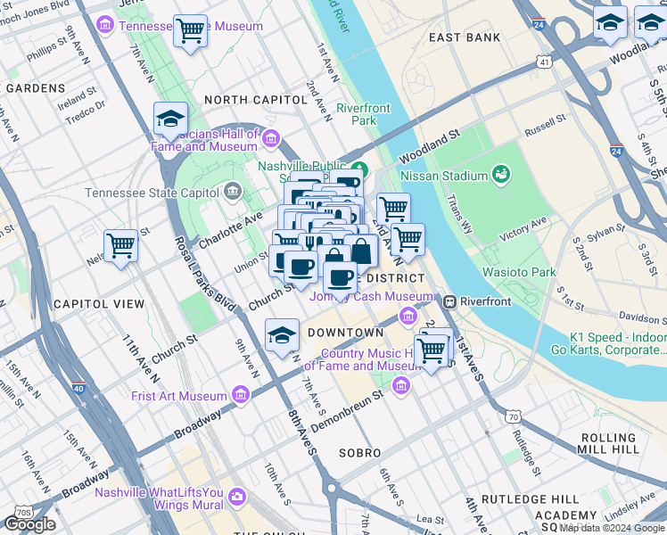 map of restaurants, bars, coffee shops, grocery stores, and more near in Nashville