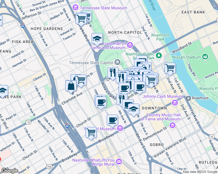 map of restaurants, bars, coffee shops, grocery stores, and more near 301 Rosa L Parks Avenue in Nashville