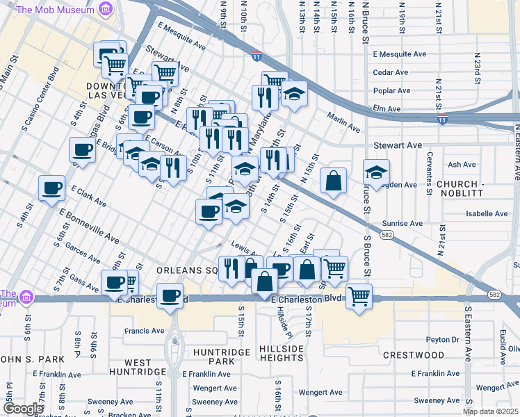 map of restaurants, bars, coffee shops, grocery stores, and more near 214 South 14th Street in Las Vegas