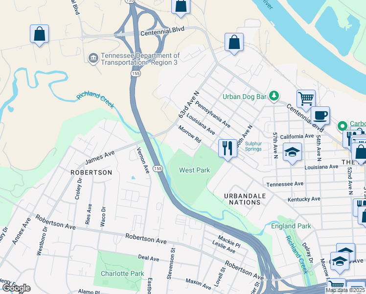 map of restaurants, bars, coffee shops, grocery stores, and more near 6119 Terry Drive in Nashville