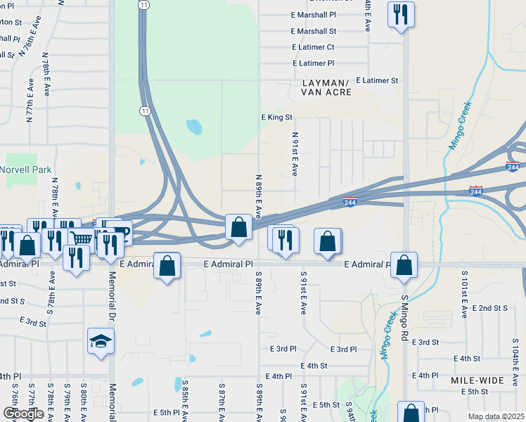 map of restaurants, bars, coffee shops, grocery stores, and more near 211 North 89th East Avenue in Tulsa