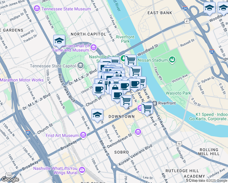 map of restaurants, bars, coffee shops, grocery stores, and more near 415 Church Street in Nashville