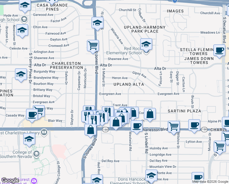 map of restaurants, bars, coffee shops, grocery stores, and more near 704 Pelican Circle in Las Vegas