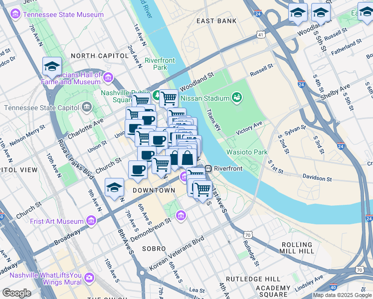 map of restaurants, bars, coffee shops, grocery stores, and more near 144 2nd Avenue South in Nashville