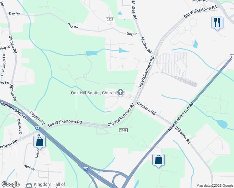 map of restaurants, bars, coffee shops, grocery stores, and more near Oak Hills Drive in Walkertown