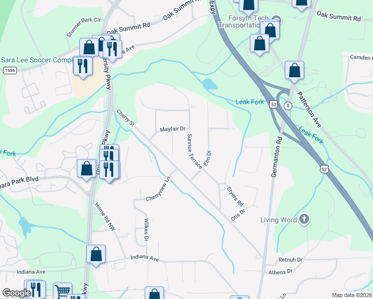 map of restaurants, bars, coffee shops, grocery stores, and more near 5171 Horne Drive in Winston-Salem