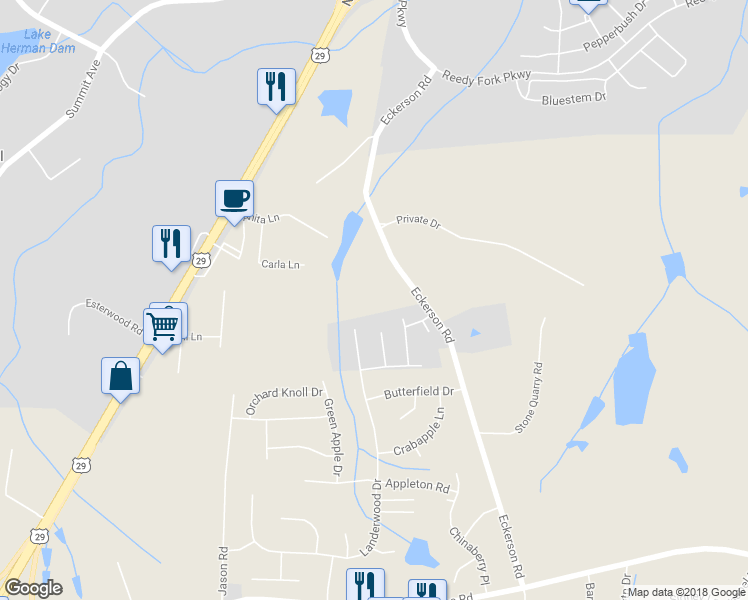 map of restaurants, bars, coffee shops, grocery stores, and more near 5733 Eckerson Road in Greensboro
